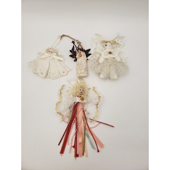 Lot Of 4 Angel Ornaments Christmas Ornaments Fabric & Resin Bunny Rabbit Sweet - Picture 1 of 6